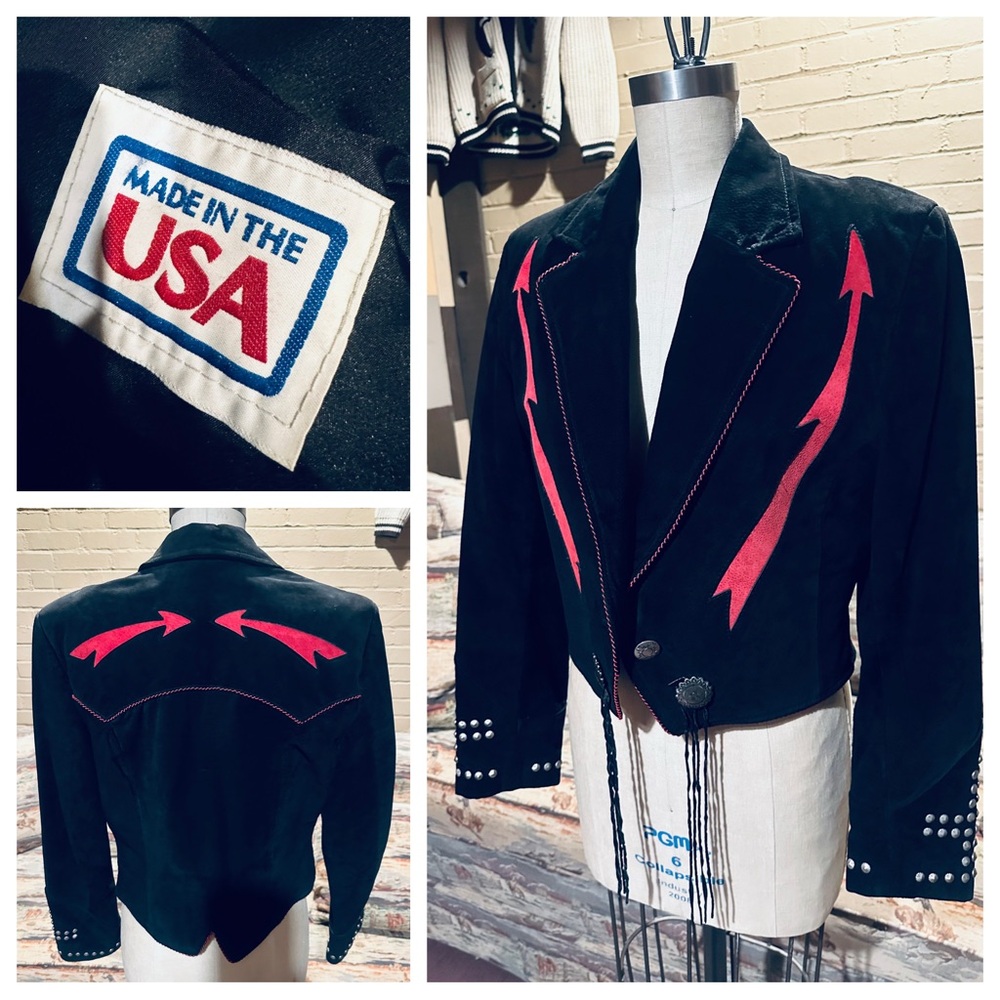 Pioneer Wear Vintage Black Suede Cropped Jacket with Res Arrow Accent Design